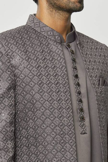 Shop_Arihant Rai Sinha_Grey Silk Sequins, Embroidery Front-open Sherwani And Kurta Set_Online_at_Aza_Fashions