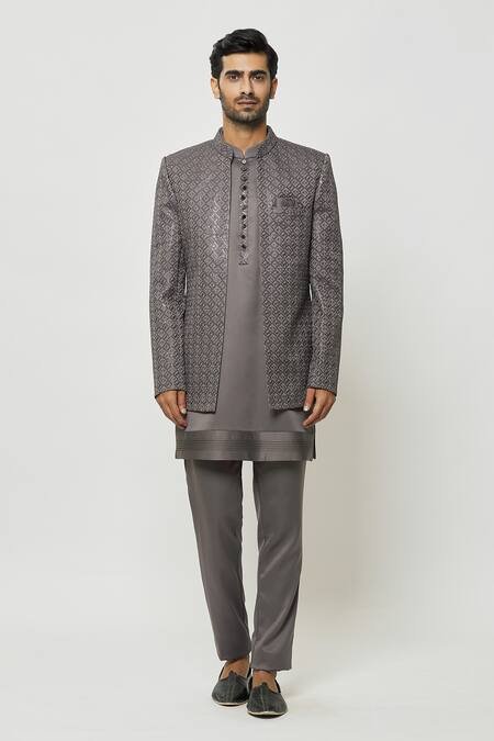 Buy_Arihant Rai Sinha_Grey Silk Sequins, Embroidery Front-open Sherwani And Kurta Set