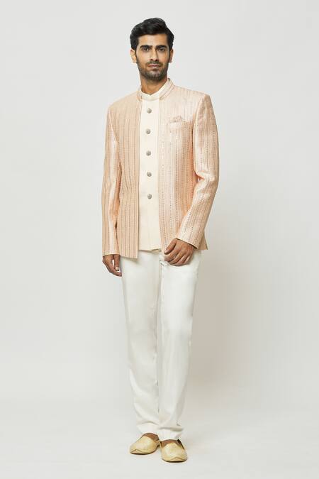 Shop_Arihant Rai Sinha_Peach Silk Sequins, Embroidery Thread Work Velvet Jodhpuri With Short Kurta _Online_at_Aza_Fashions