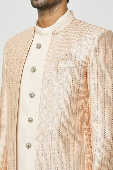 Arihant Rai Sinha_Peach Silk Sequins, Embroidery Thread Work Velvet Jodhpuri With Short Kurta _at_Aza_Fashions