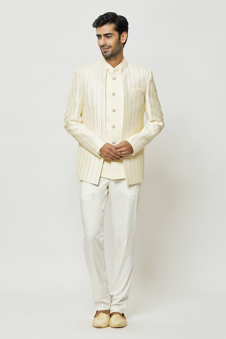 Aryavir Malhotra Cream Art Silk Embroidered Thread Work Full Sleeve Jodhpuri With Short Kurta 