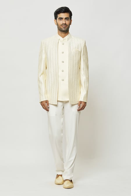 Shop_Arihant Rai Sinha_Cream Silk Sequins Thread Work Full Sleeve Jodhpuri With Short Kurta _Online_at_Aza_Fashions