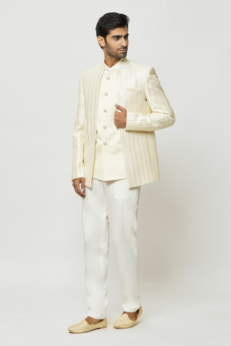 Arihant Rai Sinha_Cream Silk Sequins Thread Work Full Sleeve Jodhpuri With Short Kurta _at_Aza_Fashions
