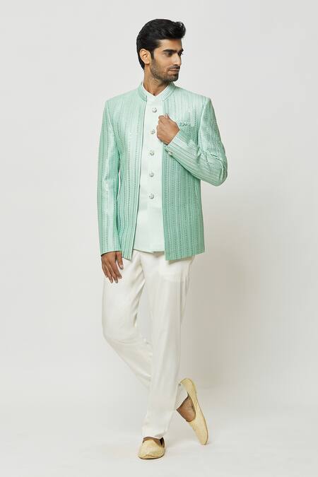 Shop_Arihant Rai Sinha_Green Silk Sequins, Embroidery Thread Work Jodhpuri With Short Kurta _Online_at_Aza_Fashions
