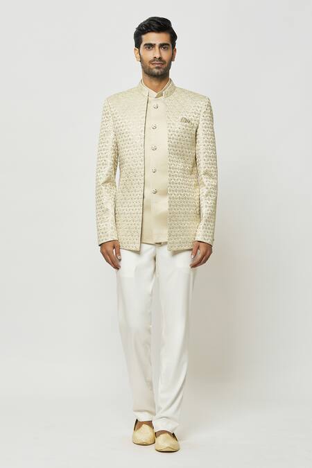 Buy_Arihant Rai Sinha_Beige Silk Sequins, Embroidery Hand Jodhpuri With Short Kurta _Online_at_Aza_Fashions