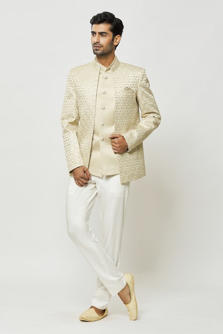 Shop_Arihant Rai Sinha_Beige Silk Sequins, Embroidery Hand Jodhpuri With Short Kurta _Online_at_Aza_Fashions