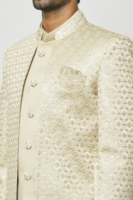 Arihant Rai Sinha_Beige Silk Sequins, Embroidery Hand Jodhpuri With Short Kurta _at_Aza_Fashions