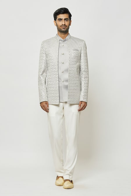 Arihant Rai Sinha Grey Silk Sequins, Embroidery Jodhpuri With Short Kurta at Aza Fashions Arihant Rai Sinha_Grey Silk Sequins, Embroidery Jodhpuri With Short Kurta _at_Aza_Fashions