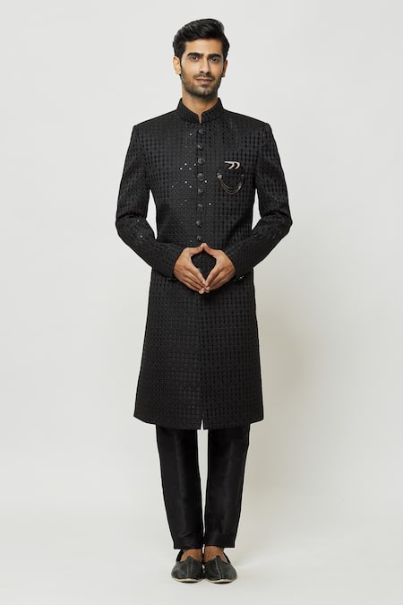 Aryavir Malhotra Mandarin Collar Embroidered Sherwani & Pant Set 