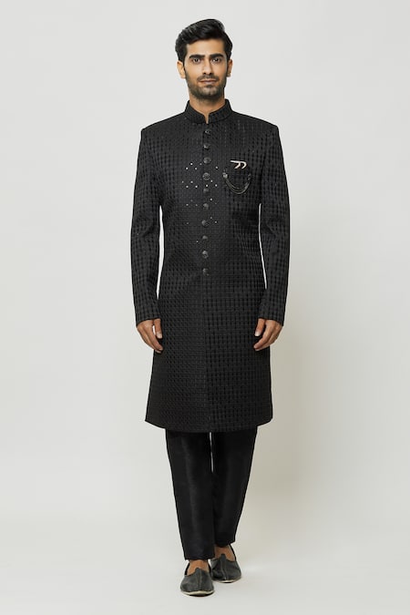 Buy_Arihant Rai Sinha_Black Silk, Faux Leather Sequins, Mandarin Collar Sherwani And Pant Set _Online_at_Aza_Fashions