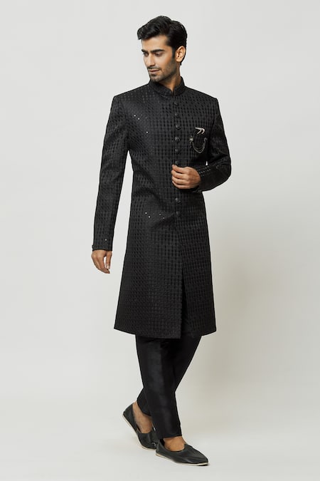 Shop_Arihant Rai Sinha_Black Silk, Faux Leather Sequins, Mandarin Collar Sherwani And Pant Set _Online_at_Aza_Fashions