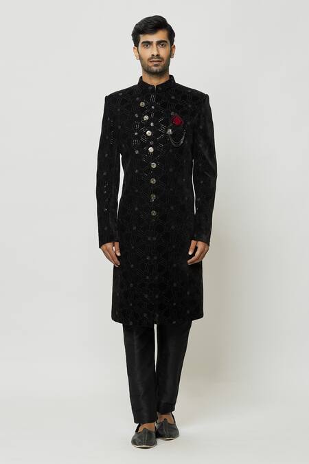 Arihant Rai Sinha Black Velvet, Faux Leather, Silk Sequins, Mandarin Collar Sherwani And Pant Set Online at Aza Fashions Arihant Rai Sinha_Black Velvet, Faux Leather, Silk Sequins, Mandarin Collar Sherwani And Pant Set _Online_at_Aza_Fashions
