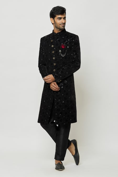 Buy Arihant Rai Sinha Black Velvet, Faux Leather, Silk Sequins, Mandarin Collar Sherwani And Pant Set Online at Aza Fashions Buy_Arihant Rai Sinha_Black Velvet, Faux Leather, Silk Sequins, Mandarin Collar Sherwani And Pant Set _Online_at_Aza_Fashions