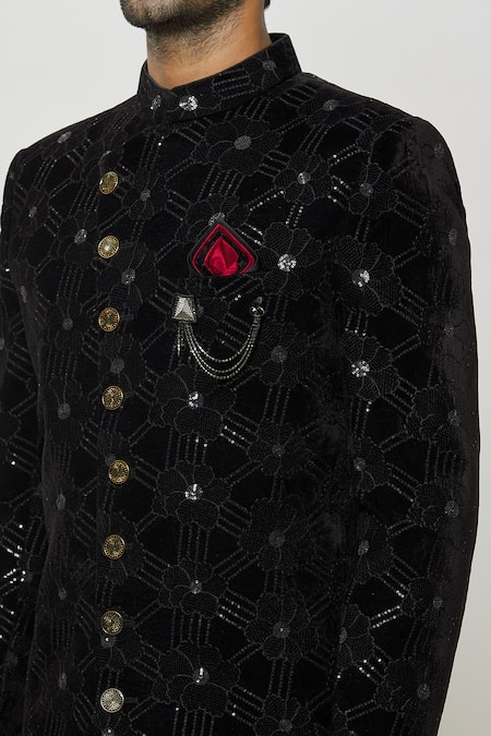 Shop Arihant Rai Sinha Black Velvet, Faux Leather, Silk Sequins, Mandarin Collar Sherwani And Pant Set Online at Aza Fashions Shop_Arihant Rai Sinha_Black Velvet, Faux Leather, Silk Sequins, Mandarin Collar Sherwani And Pant Set _Online_at_Aza_Fashions