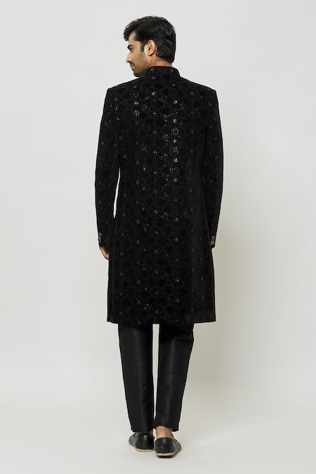 Shop Arihant Rai Sinha Black Velvet, Faux Leather, Silk Sequins, Mandarin Collar Sherwani And Pant Set at Aza Fashions Shop_Arihant Rai Sinha_Black Velvet, Faux Leather, Silk Sequins, Mandarin Collar Sherwani And Pant Set _at_Aza_Fashions
