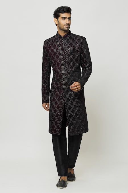 Aryavir Malhotra Wine Sherwani Velvet Embroidered Sequins Full Sleeve And Pant Set 