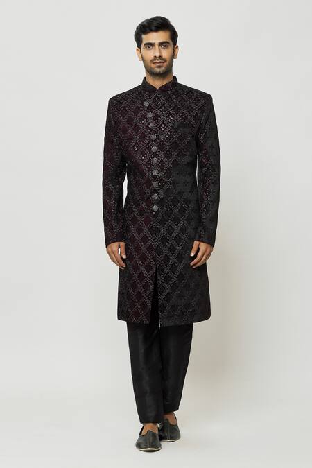 Arihant Rai Sinha Wine Velvet, Faux Leather, Silk Sequins, Full Sleeve Sherwani And Pant Set Online at Aza Fashions Arihant Rai Sinha_Wine Velvet, Faux Leather, Silk Sequins, Full Sleeve Sherwani And Pant Set _Online_at_Aza_Fashions