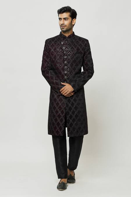 Buy Arihant Rai Sinha Wine Velvet, Faux Leather, Silk Sequins, Full Sleeve Sherwani And Pant Set Online at Aza Fashions Buy_Arihant Rai Sinha_Wine Velvet, Faux Leather, Silk Sequins, Full Sleeve Sherwani And Pant Set _Online_at_Aza_Fashions