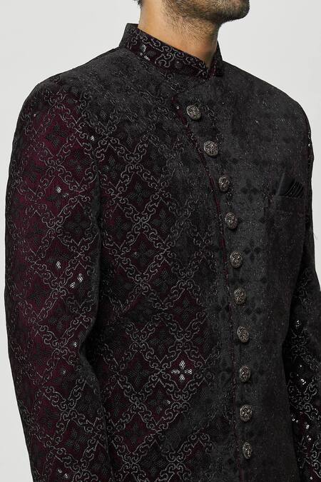 Shop Arihant Rai Sinha Wine Velvet, Faux Leather, Silk Sequins, Full Sleeve Sherwani And Pant Set Online at Aza Fashions Shop_Arihant Rai Sinha_Wine Velvet, Faux Leather, Silk Sequins, Full Sleeve Sherwani And Pant Set _Online_at_Aza_Fashions