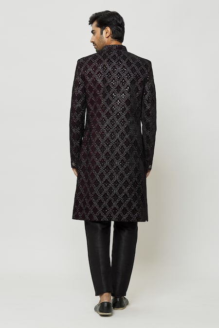 Shop Arihant Rai Sinha Wine Velvet, Faux Leather, Silk Sequins, Full Sleeve Sherwani And Pant Set at Aza Fashions Shop_Arihant Rai Sinha_Wine Velvet, Faux Leather, Silk Sequins, Full Sleeve Sherwani And Pant Set _at_Aza_Fashions