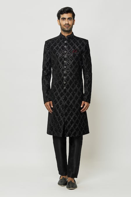 Arihant Rai Sinha_Black Velvet, Faux Leather, Silk Thread Full Sleeve Sherwani And Pant Set _Online_at_Aza_Fashions