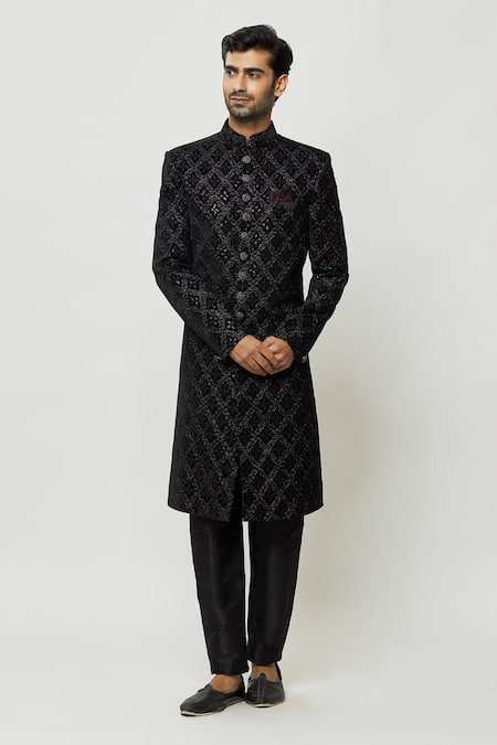 Buy_Arihant Rai Sinha_Black Velvet, Faux Leather, Silk Thread Full Sleeve Sherwani And Pant Set _Online_at_Aza_Fashions