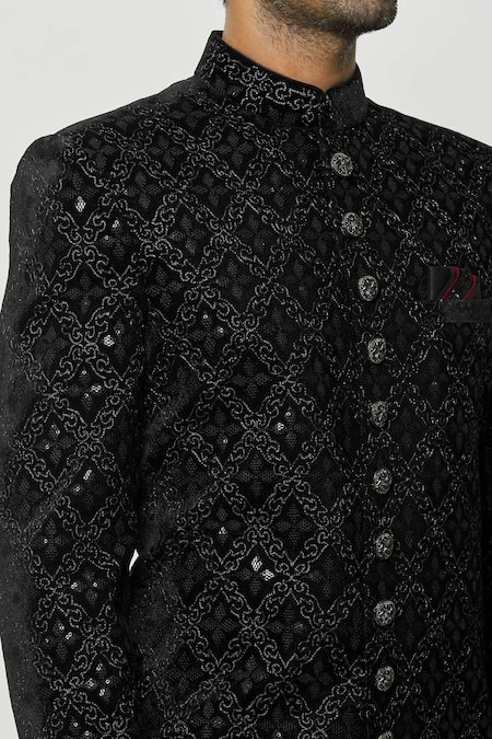 Shop_Arihant Rai Sinha_Black Velvet, Faux Leather, Silk Thread Full Sleeve Sherwani And Pant Set _Online_at_Aza_Fashions
