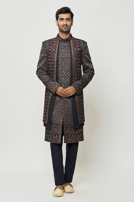 Aryavir Malhotra Thread Work Full Sleeve Front-Open Sherwani & Kurta Set 