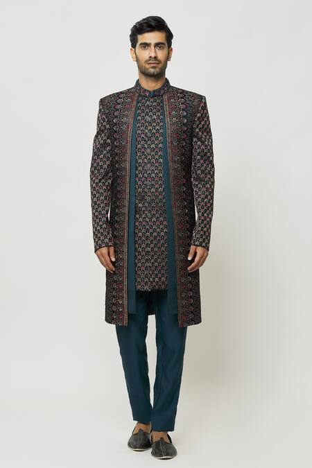 Buy_Arihant Rai Sinha_Green Velvet, Faux Leather, Silk Thread Work Front-open Sherwani And Kurta Set _Online_at_Aza_Fashions