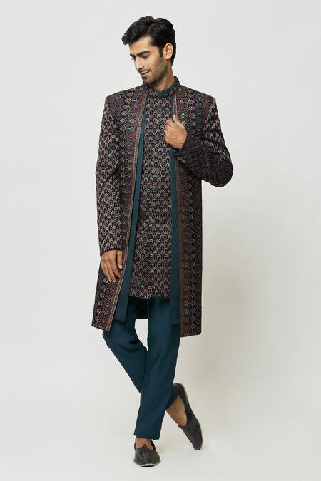 Shop_Arihant Rai Sinha_Green Velvet, Faux Leather, Silk Thread Work Front-open Sherwani And Kurta Set _Online_at_Aza_Fashions