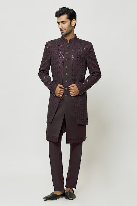 Aryavir Malhotra Wine Sherwani And Kurta Art Silk Embroidered Sequins Front-open & Set 