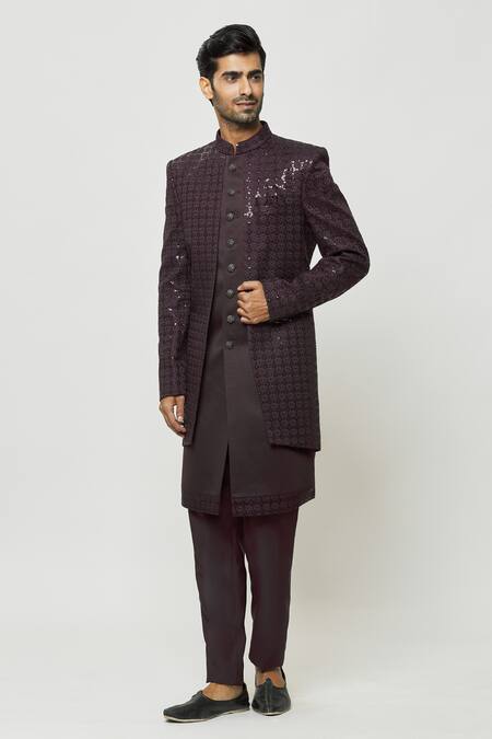Arihant Rai Sinha_Wine Silk, Faux Leather Sequins, Embroidery Front-open Sherwani And Kurta Set _Online_at_Aza_Fashions