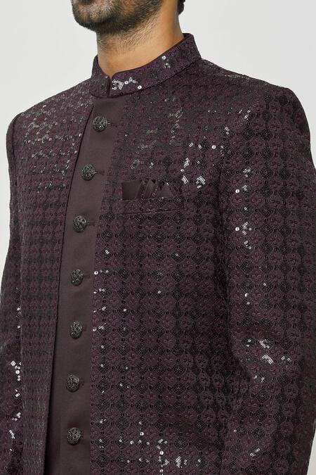 Buy_Arihant Rai Sinha_Wine Silk, Faux Leather Sequins, Embroidery Front-open Sherwani And Kurta Set _Online_at_Aza_Fashions