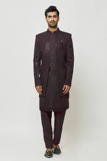Arihant Rai Sinha_Wine Silk, Faux Leather Sequins, Embroidery Front-open Sherwani And Kurta Set _at_Aza_Fashions