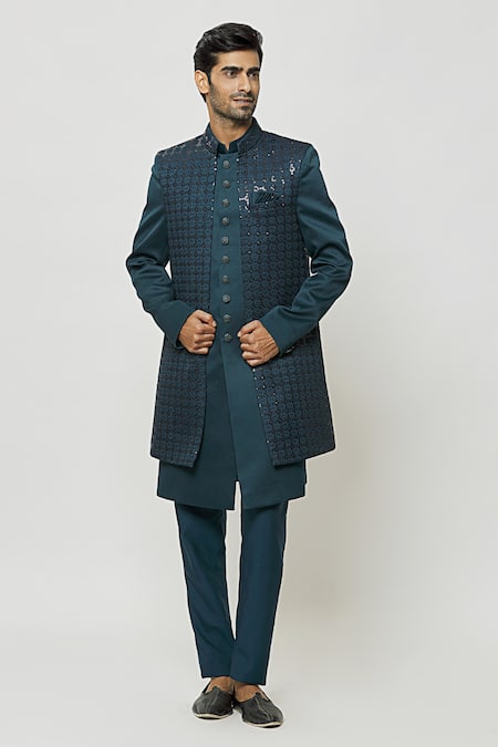 Aryavir Malhotra Green Nehru Jacket And Kurta Art Silk Embroidered Sequins & Set 