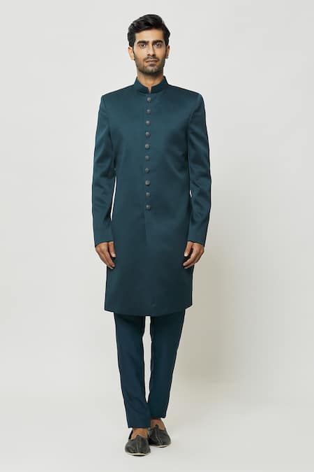 Arihant Rai Sinha_Green Silk, Denim Sequins Dark Teal Embroidered Nehru Jacket Set _Online_at_Aza_Fashions