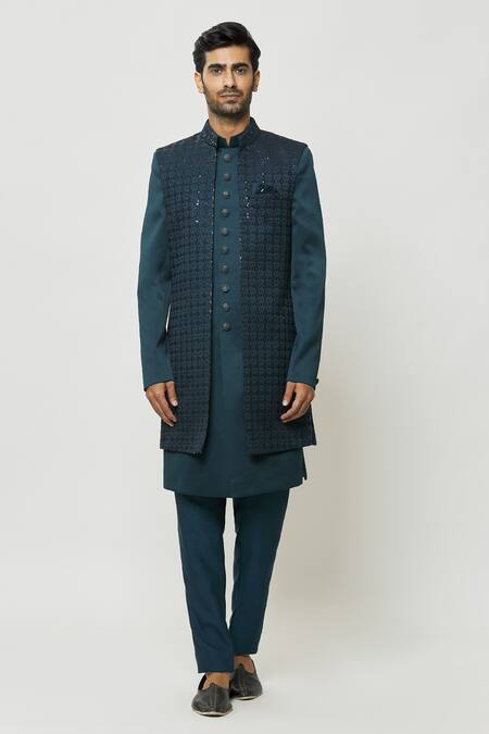 Buy_Arihant Rai Sinha_Green Silk, Denim Sequins Dark Teal Embroidered Nehru Jacket Set _Online_at_Aza_Fashions