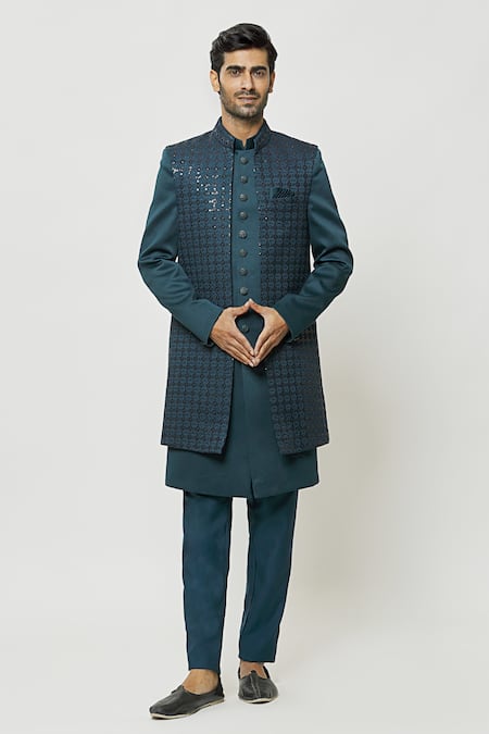 Shop_Arihant Rai Sinha_Green Silk, Denim Sequins Dark Teal Embroidered Nehru Jacket Set _Online_at_Aza_Fashions