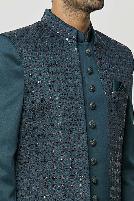 Arihant Rai Sinha_Green Silk, Denim Sequins Dark Teal Embroidered Nehru Jacket Set _at_Aza_Fashions