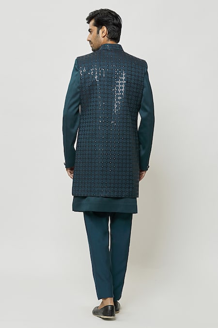 Shop_Arihant Rai Sinha_Green Silk, Denim Sequins Dark Teal Embroidered Nehru Jacket Set _at_Aza_Fashions