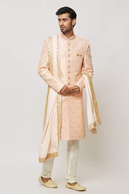 Arihant Rai Sinha_Peach Sequins, Embroidery Wisteria Flora Border Dupatta _Online_at_Aza_Fashions