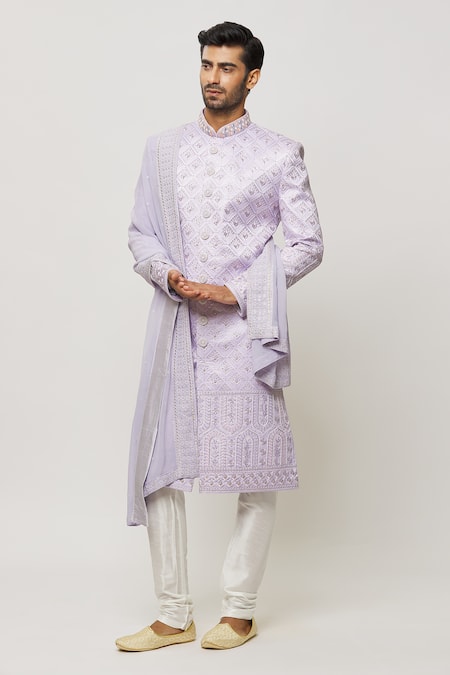 Shop_Arihant Rai Sinha_Purple Sequins, Embroidery Blossom Border Dupatta _Online_at_Aza_Fashions