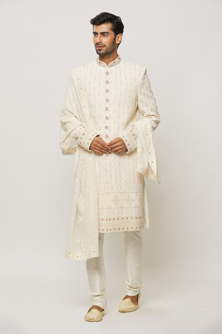 Aryavir Malhotra Off White Sequins Misty Lily Bloom Embroidered Dupatta