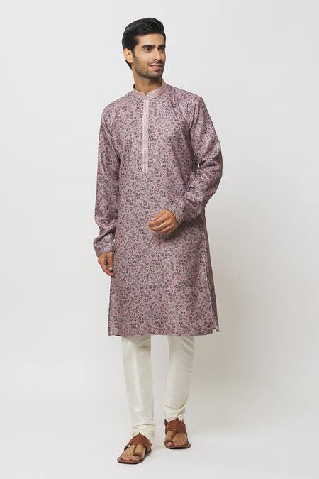 Arihant Rai Sinha_Grey Silk Embroidery Flora Blast Print Kurta_Online_at_Aza_Fashions