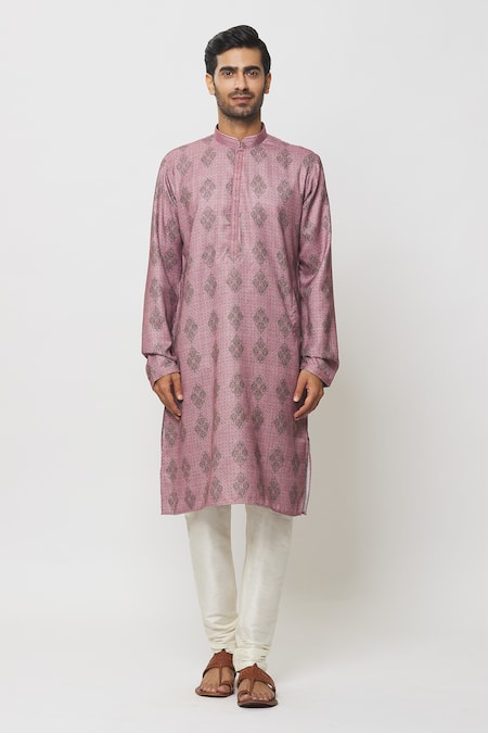 Samyukta Singhania_Pink Silk Embroidery Vintage Bloom Print Kurta Set _Online_at_Aza_Fashions