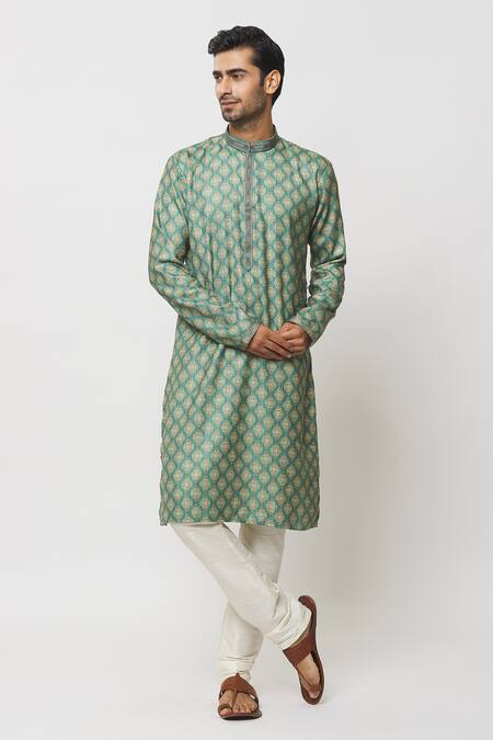 Arihant Rai Sinha Green Silk Damask Art Print Kurta Online at Aza Fashions Arihant Rai Sinha_Green Silk Damask Art Print Kurta _Online_at_Aza_Fashions