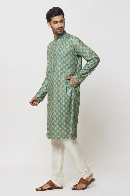 Buy Arihant Rai Sinha Green Silk Damask Art Print Kurta Online at Aza Fashions Buy_Arihant Rai Sinha_Green Silk Damask Art Print Kurta _Online_at_Aza_Fashions