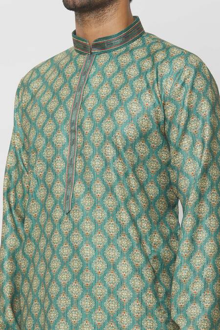 Shop Arihant Rai Sinha Green Silk Damask Art Print Kurta Online at Aza Fashions Shop_Arihant Rai Sinha_Green Silk Damask Art Print Kurta _Online_at_Aza_Fashions