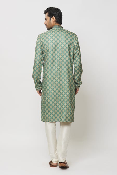 Shop Arihant Rai Sinha Green Silk Damask Art Print Kurta at Aza Fashions Shop_Arihant Rai Sinha_Green Silk Damask Art Print Kurta _at_Aza_Fashions
