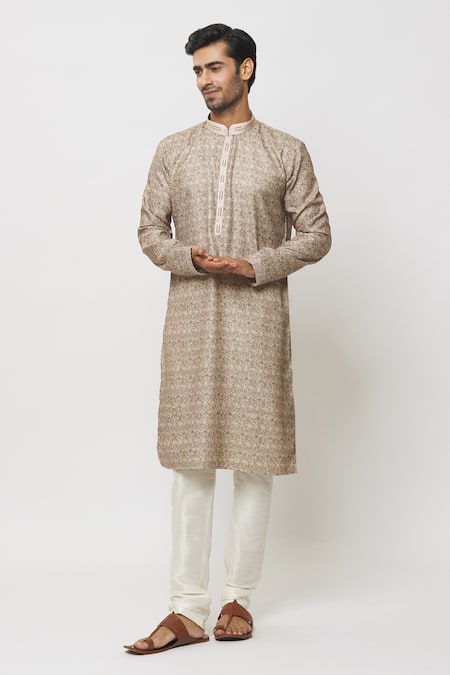 Buy_Arihant Rai Sinha_Brown Silk Baroque Fleur Print Kurta _Online_at_Aza_Fashions